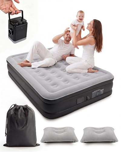 Matelas Gonflable 2 Personnes 203x152x40cm, 40 Chambres d’Air, Surface Floquée Douce, Charge Max 300 kg, Matelas Gonflable avec Sac de Transport et 2 Oreillers, Idéal Invités Maison Camping, Gris