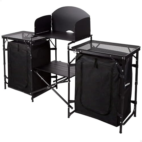 AKTIVE Campingkökssats, 175 x 48 x 110 cm, svart, metalliskt vindfönster, polyestertyg skåp, stålstruktur, stöder 30 kg, transportväska, hopfällbart picknickbord (63174)