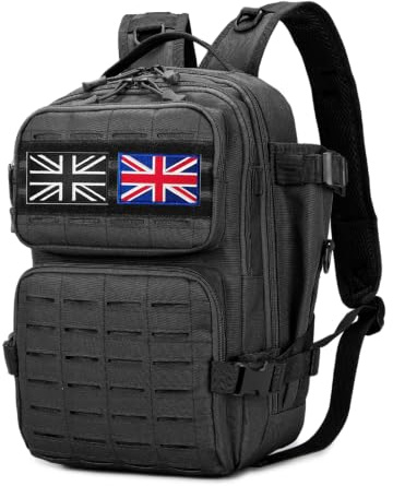HANWELL 25L Military Tactical Fishing Backpack Tackle Bag with Flag Patches (Black) | Water Resistant Carryall Storage Bags for Fishing Gear, Rucksack for Men Angling Lure Carp Hiking Camping Travel Hunting