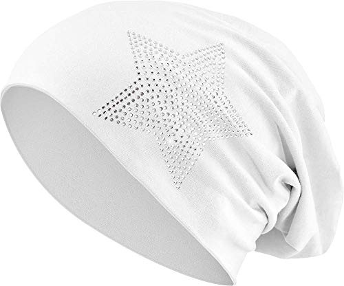 Jersey Cotone Elastico Lungo Slouch Beanie Unisex Uomo Signore con Strass Pietre Cappello Heather in 35 Colori Diversi (2) (Bianco)