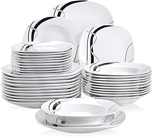 VEWEET FIONA Juego de Vajillas Elegantes de 36 Piezas de Porcelana para 12 Personas, Incluye 12 Platos Llanos, 12 Platos Hondos y 12 Platos de Postre con Motivo de Líneas Negras y Plateadas