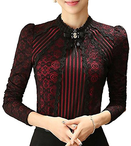 SansoiSan Women's Vintage Beaded Buttons Pleated Shirt Long Sleeve Lace Stretchy Blouse (Red, Medium)
