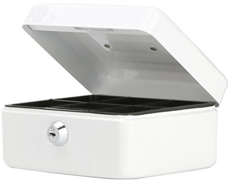 Small Cash Box with Key Lock, Parrency Portable Metal Money Box with Double Layer & 2 Keys for Security, 6 1/5 x 5 x 3, White