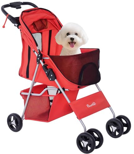 PawHut Carrito para Perros Plegable Cochecito para Mascotas Carrito para Perros Pequeños con Toldo Ajustable Cesta de Almacenaje 2 Ruedas Universales Carga 15 kg 77x45x99,5 cm Rojo