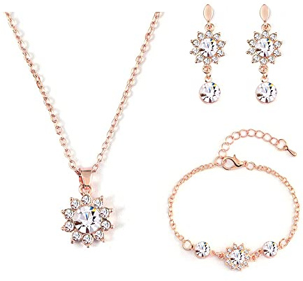 QKEPCY Ensemble de Bijoux Tournesol pour Femme Cristal Incrusté Or Rose Fleur Pendentif Réglable Collier Boucles D'oreilles Bracelet Set pour Mariage Prom Parure Bijoux Fantaisie Femme
