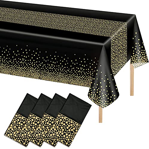 Aitsite Party Tischdecke 4 Stück, 137x274cm Rechteck Wasserdicht Schwarz und Gold Dot, Einweg für Geburtstag, Jahrestag, Weihnachten