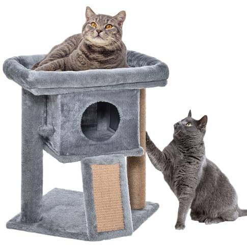 PawHut Cat Tree Tower for Indoor Cats Cat Scratching Post Climbing Activity Centre w/Jute Scratching Pad, Toy Ball, Cat House - Grey