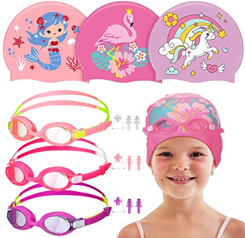 Sureio 12 Pcs Silicone Swim Caps for Kids Girls Durable Waterproof Swimming Caps with Goggles Ear Plug Nose Clip Age 2-14 Cute Unicorn Mermaid Flamingo for Long Short Hair Bathing Boys Girls Toddler