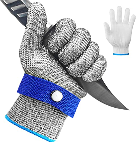 Waflyer Gants Anti Coupure, Protection Haute Performance Gant en acier inoxydable Gants de Travail Gant Cuisine + Gant Intérieur, pour Découpe de Viande, Mandoline, D'huîtres et Sculpture, L
