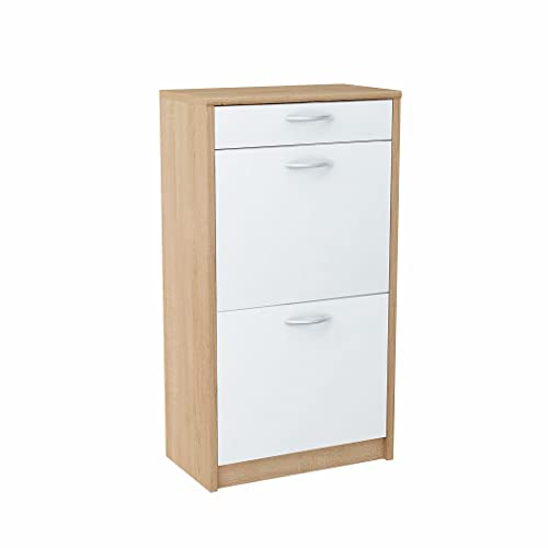Meblando Schuhschrank Schuhregal - schuhkipper schmal + shauflade, 92 x 50 x 28 cm, Schuhkommode Schuhregal für Flur - Shoe Cabinet, Holzmöbel-Einheit (Weiss/Sonoma Eiche)
