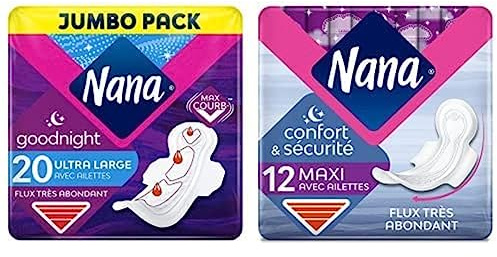 Lot Nana Ultra Goodnight Large Serviettes Hygiéniques - Flux Très Abondants (20 Serviettes) + Nana Maxi Goodnight Serviettes Hygiéniques pour la Nuit - Flux Très Abondant (12 Serviettes)