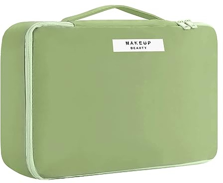 Travel Makeup Bag [with Brushes Holder & Detachable Pouch] Cosmetic Bag Large Capacity Waterproof Makeup Case Storage Organiser for Women & Girls (Green)
