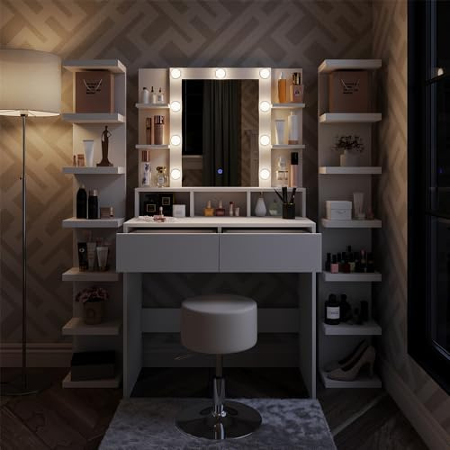 Vicco Tavolo da toeletta Taylor, Bianco, 80 cm con illuminazione LED e sgabello, con illuminazione LED e sgabello girevole regolabile in altezza