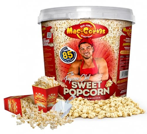 MacCorns - The Popcorn Chef’s Sweet Popcorn | 10ltr Mega Sharing Bucket + 12 Cartons & 1 Scoop | Healthy Crisp, Nutritious, Low-Calorie Vegan Snack for Health Conscious Snackers