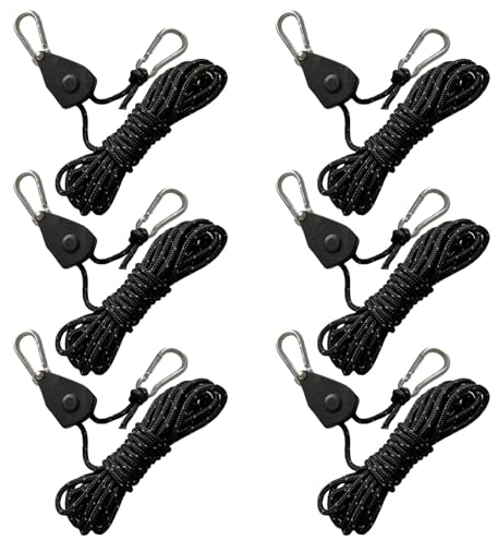6 Stück Reflektierend Abspannseile Seil, 4M Duty Heavy Rope Seilratsche, Wachsen Licht Ratchet Seil Pflanze Lampe Aufhänger Rope mit Haken und Spanner Einstelle für Zelt Zeltplane Camping