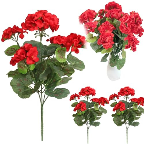 Konstgjorda blommor, 3 st konstgjorda pelargon för utomhusbruk, 35,5 cm silke utomhus konstgjorda blommor UV-resistenta böjbara fuskblommor utomhus falsk blomma, röd