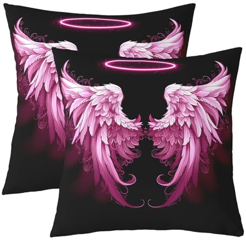 Juego de 2 fundas de cojín con diseño de alas de halo de ángel rosa, fundas de cojín de plumas degradadas de dibujos animados de ensueño para niños, niñas, adolescentes y adultos, decoración de alas