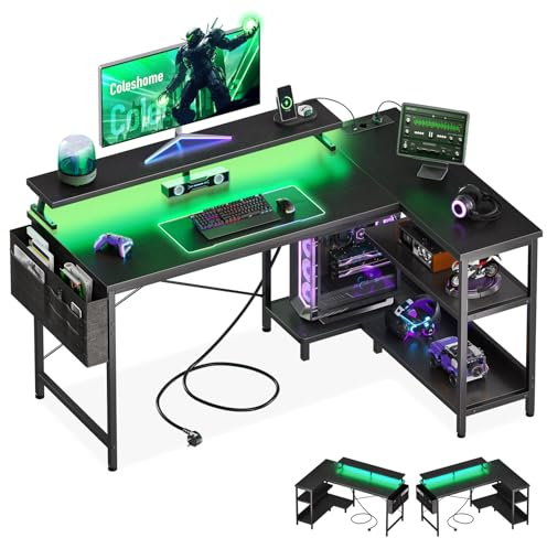 Coleshome Gaming-Tisch mit Stauraum, 120×80 cm Eckschreibtisch mit Regal & Stofftasche, reversibler L-förmiger Schreibtisch mit Steckdosen & LED für Büro & Arbeitszimmer, Schwarz