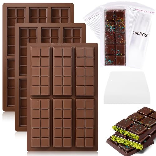 Mexgcom 3 Stück Schokoladenform Silikon, Tief Schokoladentafel Silikonform, Schokoladenform Tief mit Schaber und 100pcs Tasche, für Schokolade Pudding Süßigkeiten (Square)