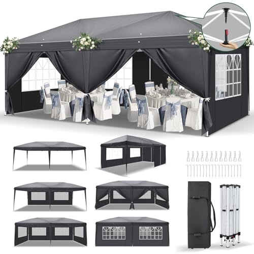 LEADZM Pavillon 3x6m,EIN klick Verriegelung,Faltpavillon,Wasserdicht,Winterfest,Höhenverstellbar,UV Schutz 50+,Gartenzelt,Partyzelt,Stahlrahmen,mit 6 Seitenteilen,für Garten,Party,Camping Dunkelgrau