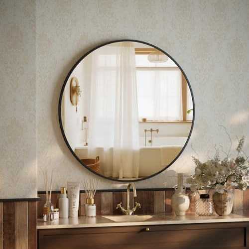 BEAUTYPEAK 46 cm Runder Spiegel, Bruchsicherer Wandspiegel mit Aluminiumrahmen, Badezimmer Spiegel zum Aufhängen und Anlehnen, Rund Wandspiegel für Schlafzimmer, Bad, Wohnzimmer