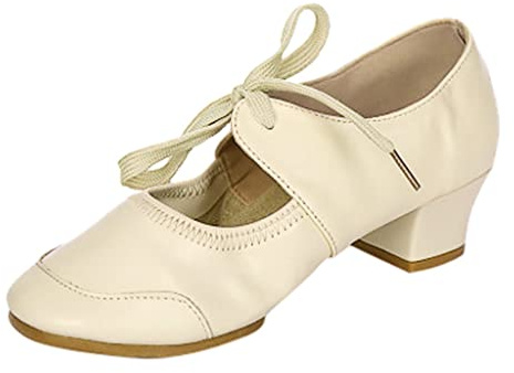 Scarpe da ballo da donna, eleganti, con lacci, moderne, con punta chiusa, latina, tacco basso, scarpe da donna con tacco a blocco, scarpe da ballo jazz, beige., 35 EU