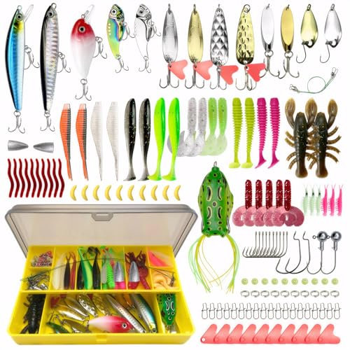 Lot de 131 leurres de pêche avec boîte Tackle Box pour brochet, accessoires de pêche, truite, accessoires de pêche, y compris poissons en caoutchouc, leurres de surface, spinner pour la pêche en eau