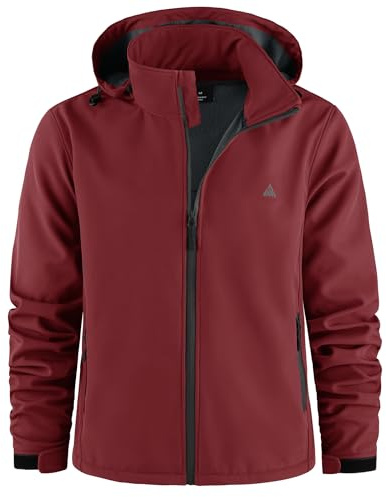 ZITY Giacca Softshell da Uomo Giacche da Escursionismo con Cappuccio Impermeabili Giacca Invernali in Pile con Tasche Cappotto Trekking Outdoor per Campeggio Pesca,Rosso Vino,XL