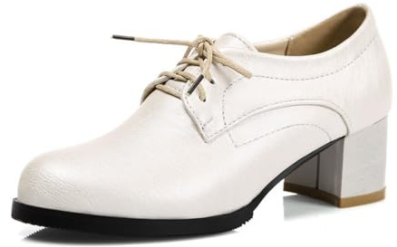 Scarpe Oxford con Lacci E Tacco in Pelle Nera per Donna Classiche Scarpe da Abito con Tacco Blocco per Lavoro Décolleté Comfortevoli con Punta Rotonda,Bianca,37 EU