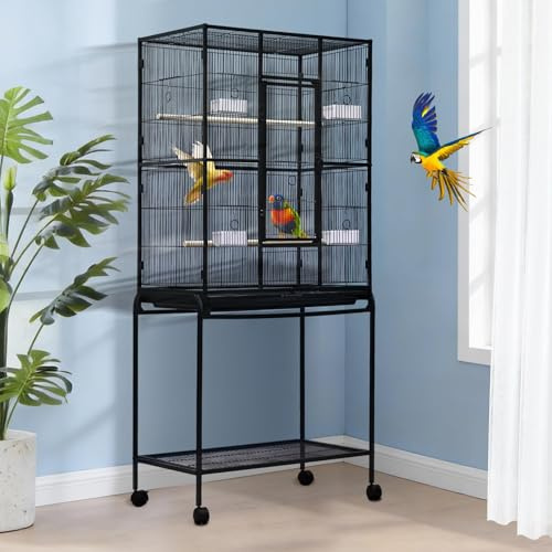Large Bird Cage, 54 H Big Bird Cage with Stand for Parakeets Parrots Conures Lovebird Cockatiel Black
