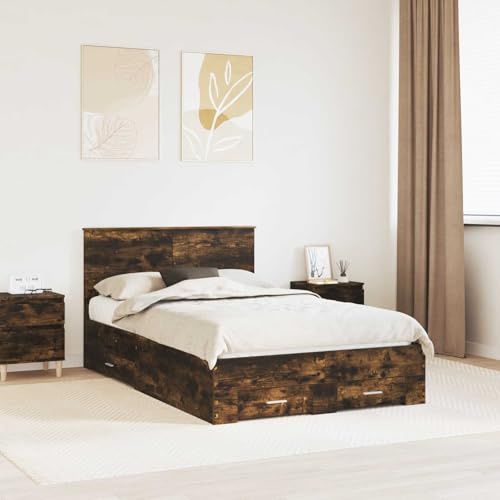 QUAHEAS Modern Storage Bed Frame with Headboard, Smoked Oak Engineered Wood, 120 x 190 cm, Durable Platform Bed with Built-In Drawer, Easy Assembly for Bedroom