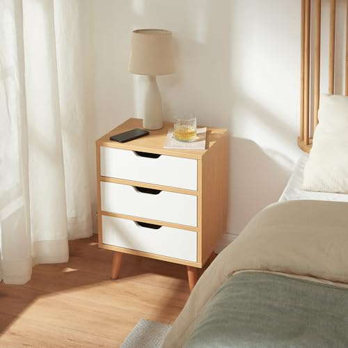[en.casa] Mesita de Noche Bordkak con 3 Cajones Mesa Auxiliar Multifuncional Mesa de Sofá Diseño Moderno Aglomerado Patas de Madera 55 x 40 x 30 cm - Roble/Blanco