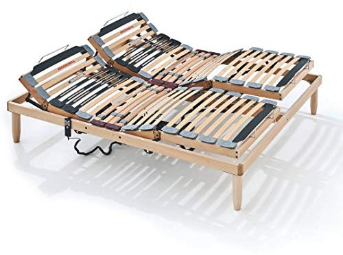 Evergreenweb - Orthopaedic and Electric Slatted Frame, Motorised, Independent Settings: 2 Motors + 2 Remote Control, Independent Neck Adjustment - 4 Reclining Zones -Rigidity Regulators in the Lumbar