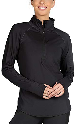 icyzone Damen Laufjacke Trainingsjacke 1/2 Zip Langarm Laufshirt im Winter (Schwarz, XL)