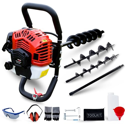 Buko Tarière à Essence 52 CC 2stroke Poteau Sol Trou tourneur Rond Digger 3HP Type V avec 3 forets Diamètre (100,150,200 mm) & Équipement de Sécurité - 1 an Garantie