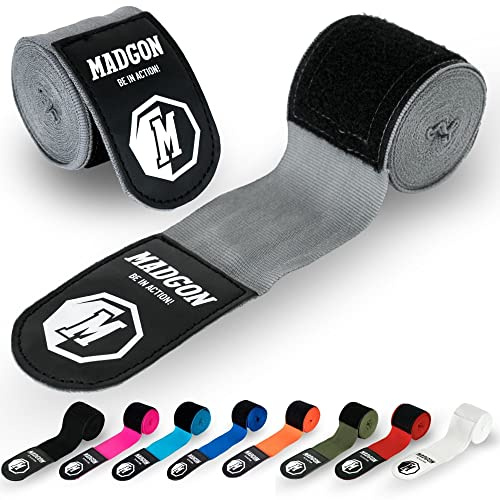 MADGON Fasce Boxe con Chiusura e Passante per Pollice - 3 m / 3,8 m / 4,5 m - Resistente Bendaggio Boxe, MMA, Kickboxing, Sparring – Fasce Polsi Palestra - Assorbimento Ottimale del Sudore
