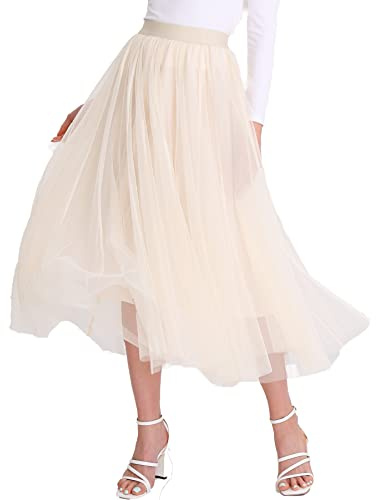 Women’s Tulle Skirts Midi Elastic High Waist Pleated Mesh Flowy A-Line Party Long Tutu Skirt
