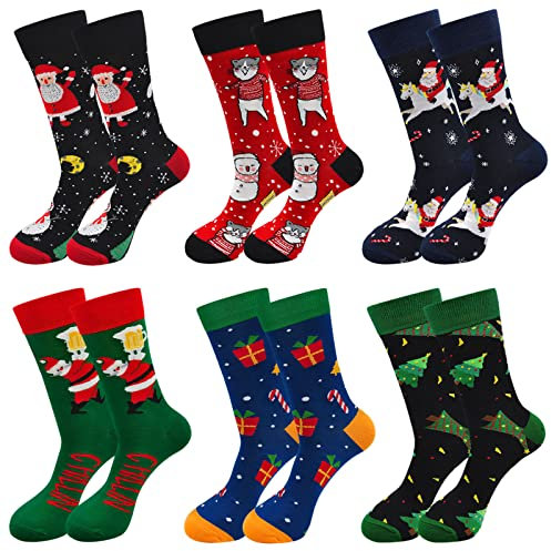 ZAKASA Chaussette Noël Homme Fantaisie: Idée Cadeau Rigolote en Coton, Drôle Chaussettes d'Hiver Chaudes Imprimé Humour Père Noël Motif EU 39-46 A-6 Paires