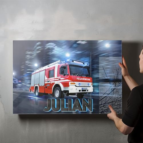 timalo® Kinderzimmer Acryl-Wandbild personalisiertes Kinder Bild mit Namen aus Acrylglas - Glasbild für die Wand Jugendzimmer Acrylglasbild Acrylbild | 60x40cm Feuerwehr, Feuerwehrauto