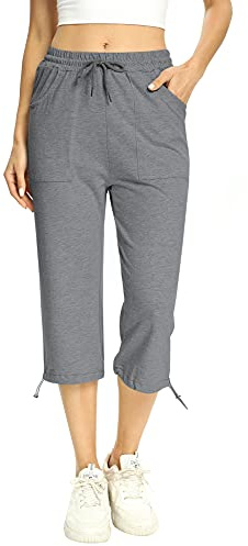 Totatuit Damer sommar capribyxor joggingbyxor 3/4 bomull sommarbyxor yoga fitness activewear med ficka för sport och fritid, GRÅ, XL