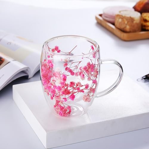Xfeyaqlo 350ml Vaso Doble Pared, Vasos Cafe Cristal Flores Secas, Bonitos Taza Cristal Cafe Vasos de Te (E)
