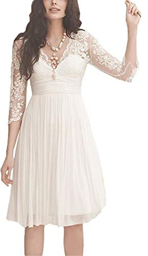 WYFDMNN Vestido de Novia Encaje Chiffon Corto Vestido de Novia de Letra a Manga Larga, Blanco, 38