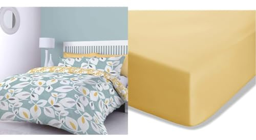 Catherine Lansfield Inga Leaf Reversible King Duvet Cover Set with Pillowcases Teal Green & Easy Iron Percale Combed Double Fitted Sheet Ochre Yellow