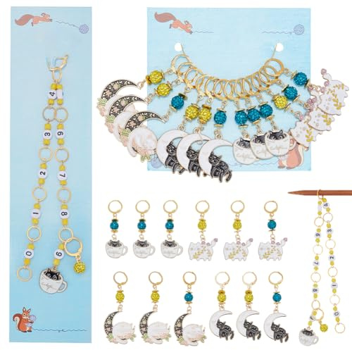 NBEADS 1 cadena de Contador des de Punto con Número de Gato Y 12 marcadores de Puntadas de Ganchillo, Marcador de Puntada Colgante de Esmalte de Aleación para Tejer, Coser, Hacer Joyas