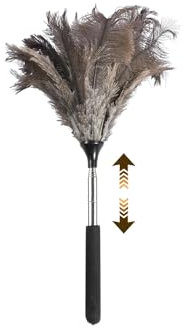 Plumero de Plumas de Avestruz, Plumero telescópico Lavable, Extensible hasta 125 cm para techos y Superficies delicadas, eliminación del Polvo sin arañazos, Mango de bambú, con Cabezal de Resorte