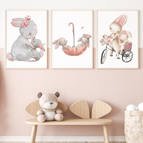 Zamety 3-delat set affisch barnrum rosa kanin, vacker väggaffisch babyrum dekoration lämplig för rum och vardagsrum