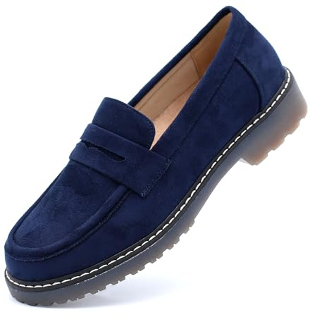 ANVANVZAI Women's Chunky Loafers, Platform Comfortable Slip-On Dressy Fashion Driving Moccasins Women Navy Blue Size 8