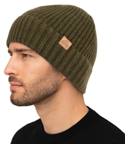 TOP-EX XL/XXL vintermössa merinoull – varm stickad mössa med manschetter och fleecefoder | stretchig beanie-mössa unisex för män och kvinnor, gåva för kalla dagar, 96573_militärgrön, XL-XXL