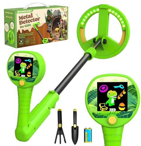 GreenRex Metalldetektor Kinder, Für Kinder von 3–12 Jahren, 6CM HD LCD Display, Ton & Lichtsignale, 59–82CM höhenverstellbar, 10CM Präzision, 470g leicht, lehrreiches Outdoor-Set,Grün