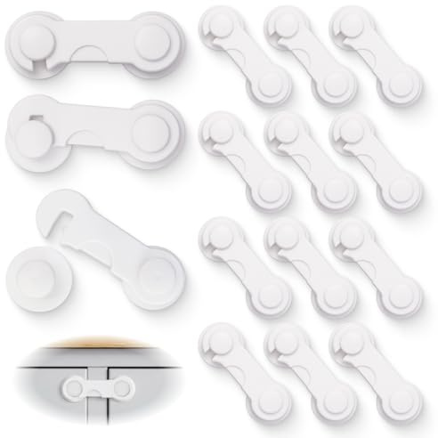 15 pezzi Sicurezza per bambini per armadi e cassetti, serrature di sicurezza per neonati, autoadesive senza forare, chiusura per mobili, cucina, cassetti, frigorifero, resistente e fortemente adesiva